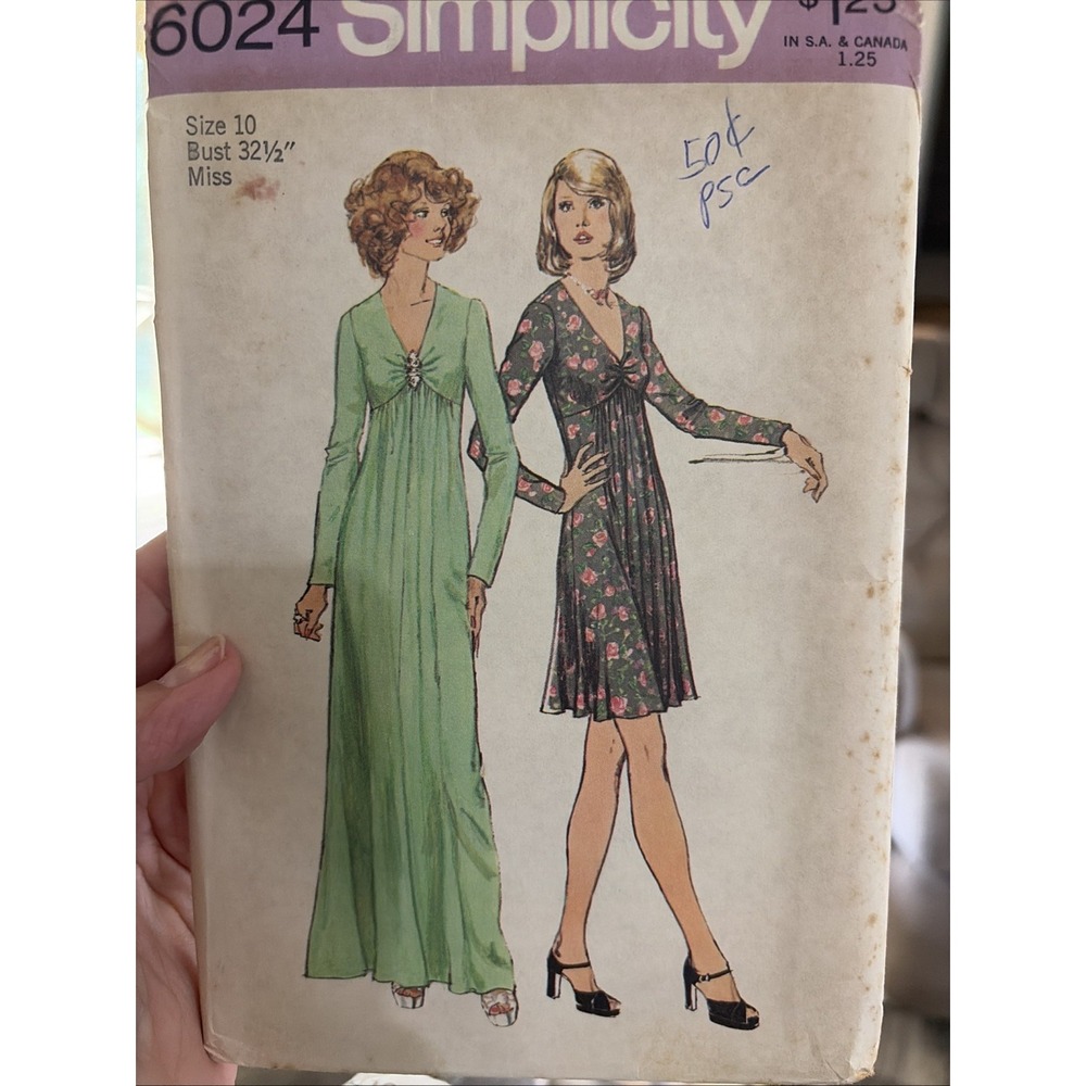 SIMPLICITY 6024 VTG 70s Fashion Sewing Pattern UNCUT Dress Ruched Bodice Maxi 10